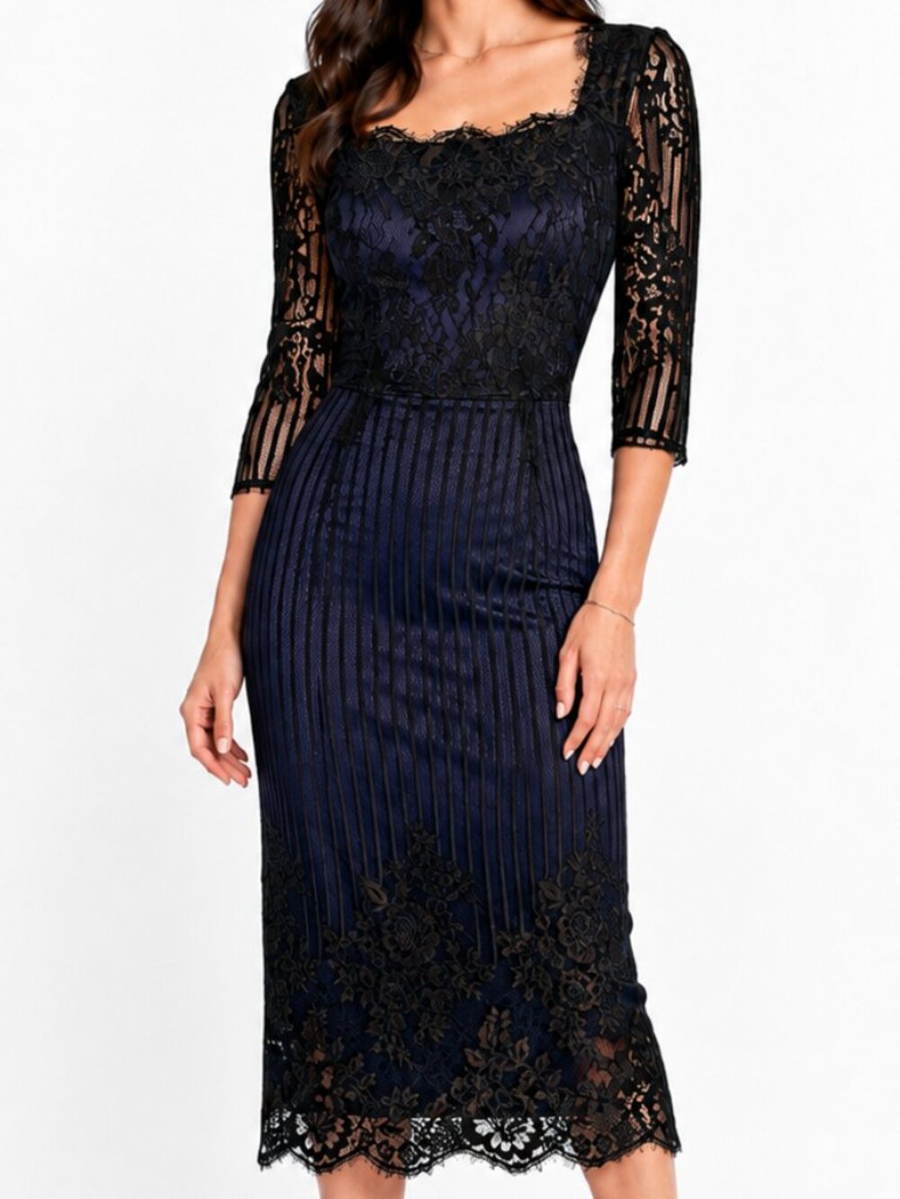 ERIN by Erin Fetherston Navy Black Lace Midi Dress Dark Romance Wedding Guest 0